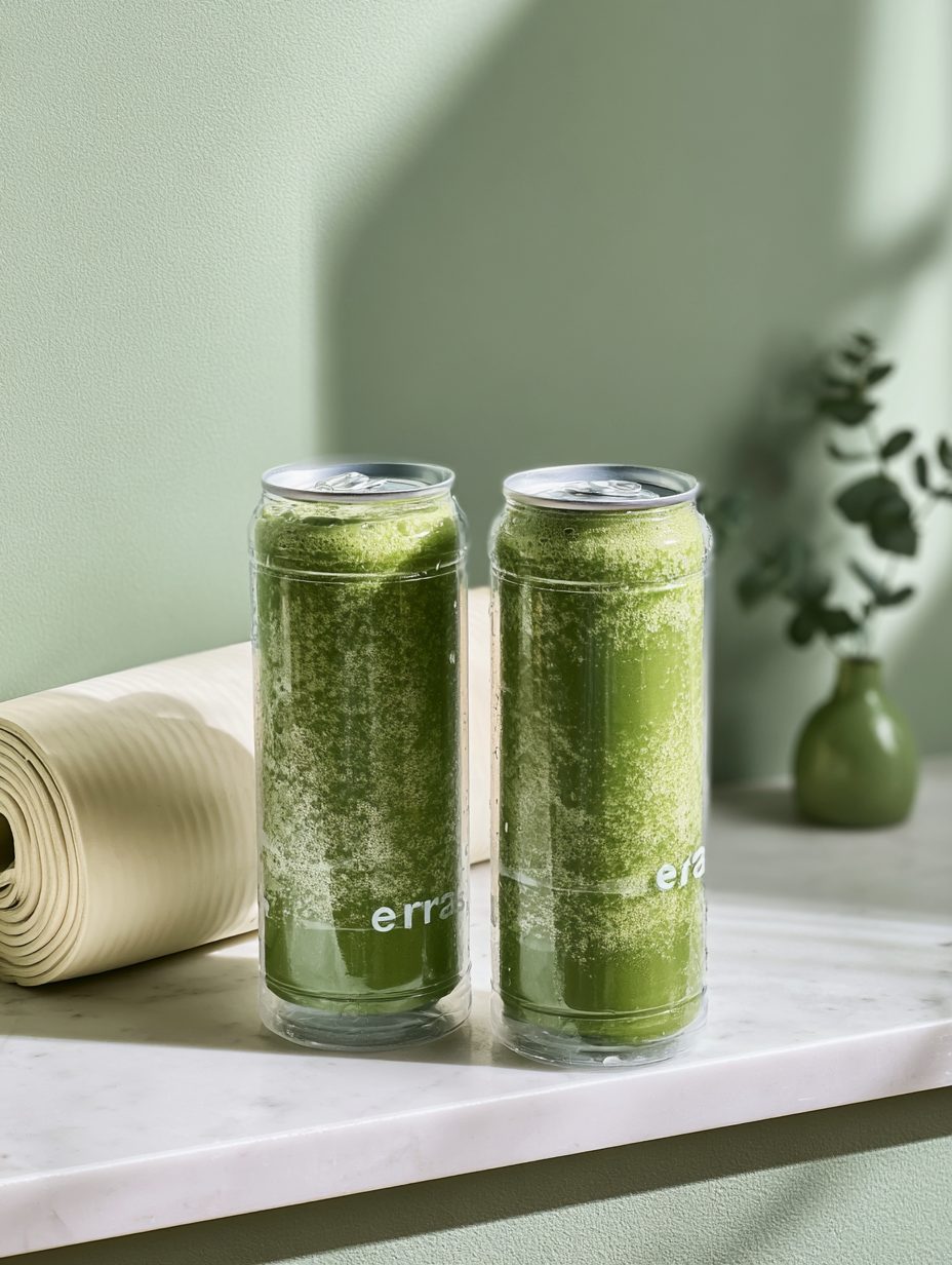 Two green smoothie cans beside a rolled yoga mat
